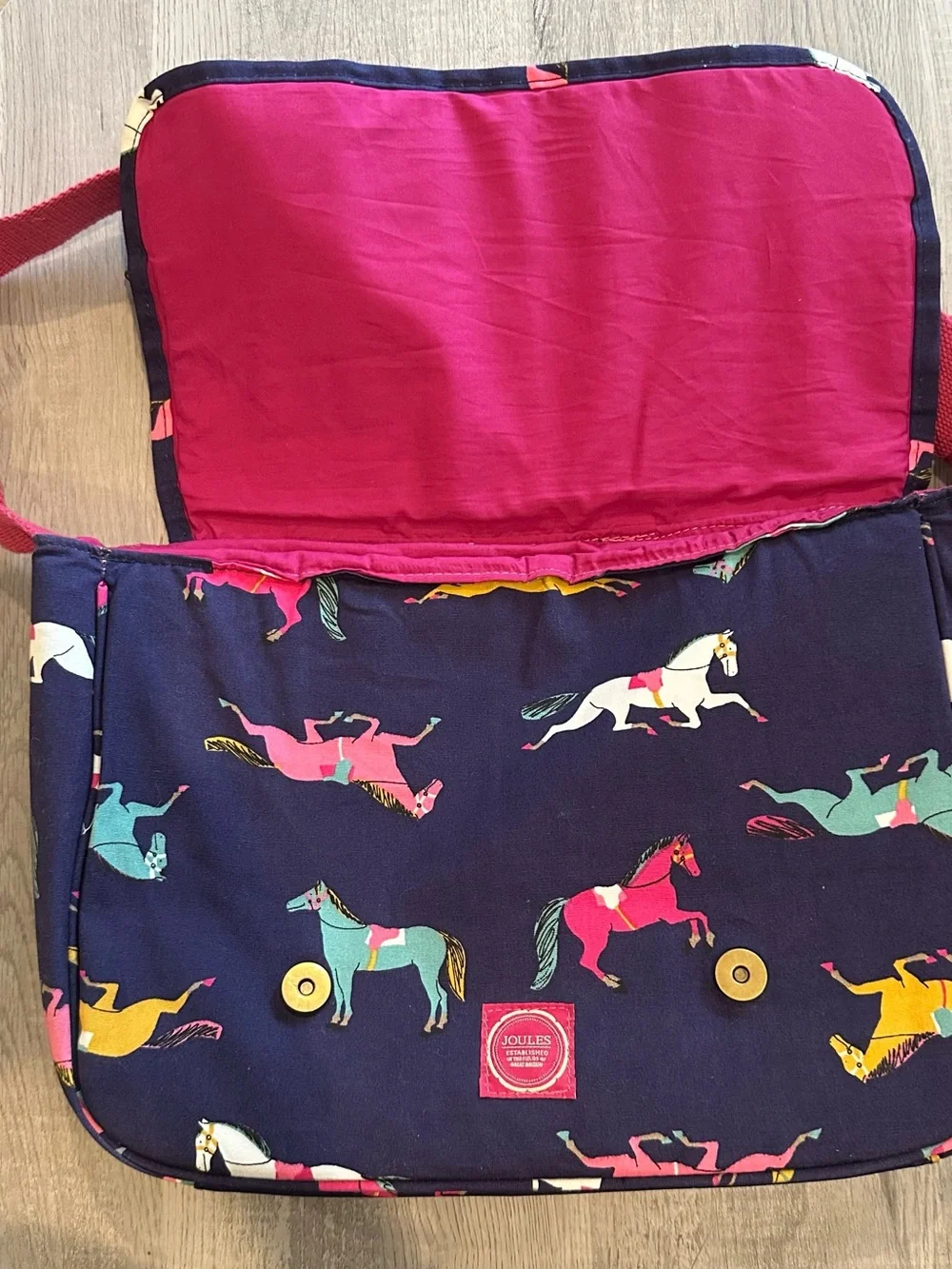 Joules Navy Crossbody Bag with Pink Strap and Multicolor Horse Print